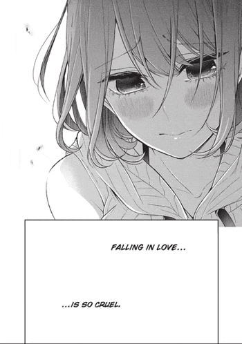 a black and white photo of a girl with the words falling in love is so cruel