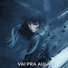 a close up of a person 's face with the words `` vai pra aula '' written above it .