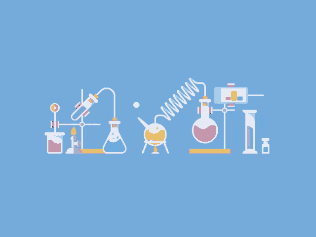 a blue background with a bunch of chemical instruments