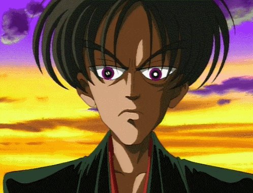 a cartoon of a man with purple eyes and a sunset in the background