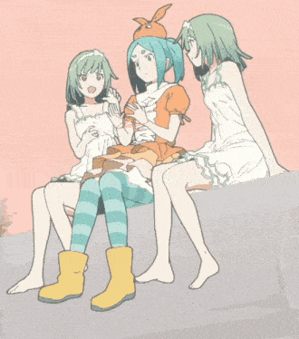 three anime girls are sitting on a rock and one has a bunny hat on her head