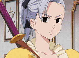 a woman in a yellow dress is holding a purple sword