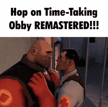 a cartoon of two men with the words hop on time-taking obby remastered