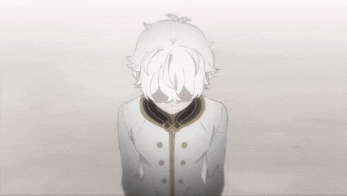 a boy with white hair and a black collar is standing with his head down