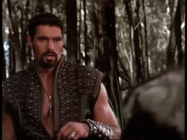 a man with a beard is standing in the woods wearing a leather vest .
