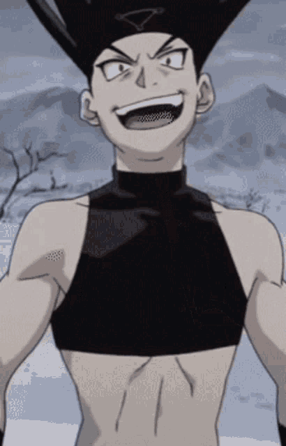 a cartoon character is wearing a black tank top and a hat