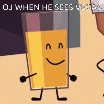 a cartoon of a glass of orange juice with a face and arms and legs