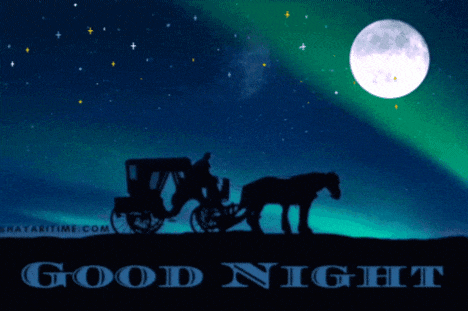 a picture of a horse drawn carriage with the words good night below