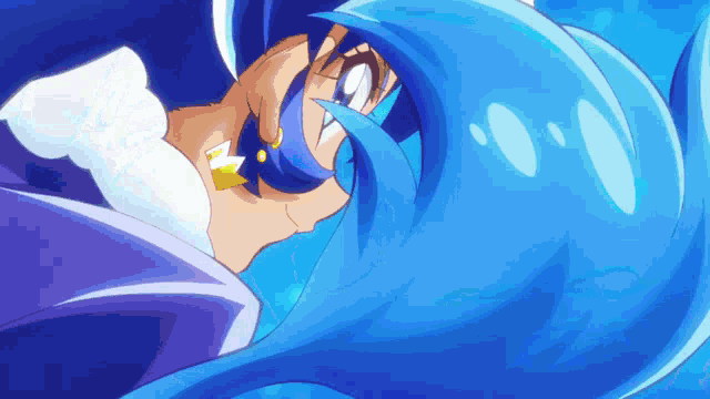 a cartoon character with blue hair and a gold star on her ear