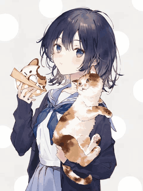 a girl holding a cat and a donut in her hands