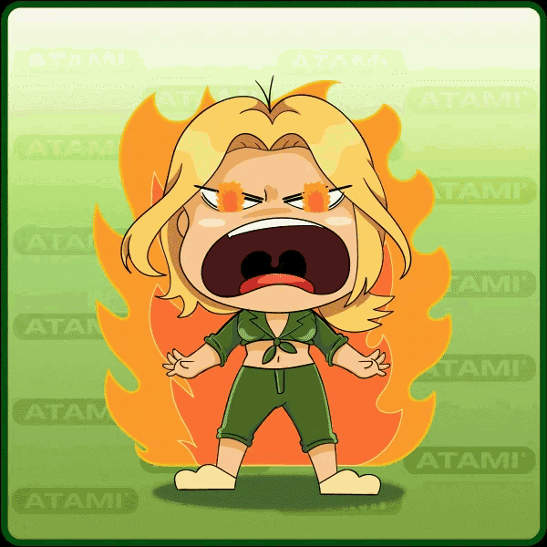 a cartoon of a girl with flames around her and the word atami on the bottom right