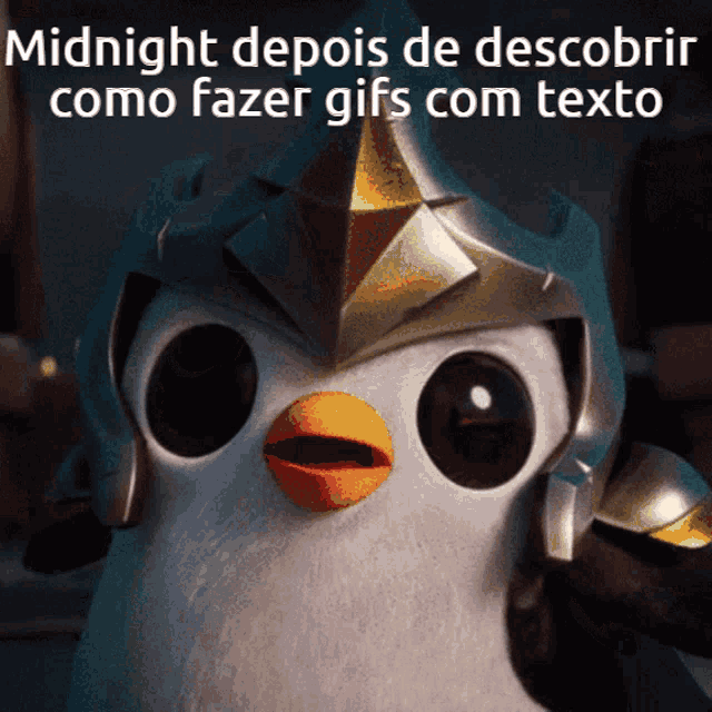 a penguin wearing a helmet with the words " midnight depois de descubrir como fazer gifs com texto "