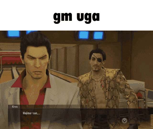 two men are standing in a bowling alley with the words gm uga written above them