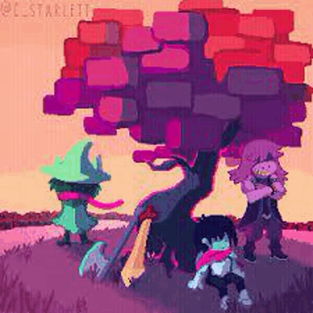 a group of cartoon characters are standing under a tree in a field .