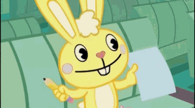a cartoon rabbit is holding a pencil and a piece of paper .