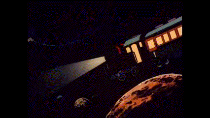 a cartoon of a train traveling through space with a light coming out of the window .