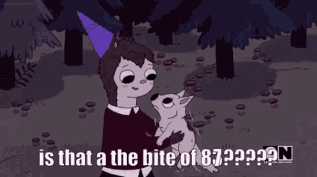a cartoon character is holding a dog in his arms and says `` is that a bite of 87 '' .