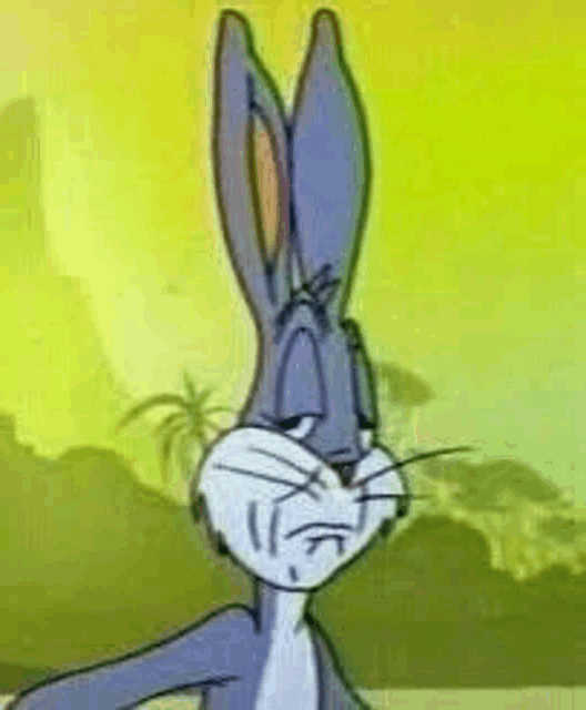 bugs bunny from looney tunes is making a funny face while standing in front of a yellow background .