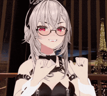 a girl with white hair and red eyes is wearing glasses and a bow tie