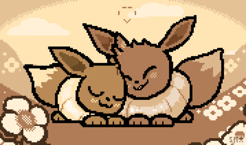 a pixel art drawing of two eevees sleeping on top of each other