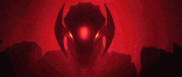 a robot with glowing red eyes and horns on a red background