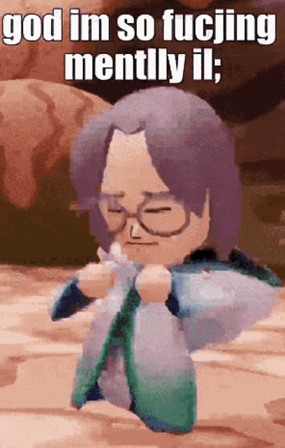 a cartoon character with glasses says god im so fucjing mentlly il