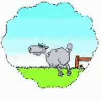 a cartoon sheep is jumping over a wooden fence in the grass .