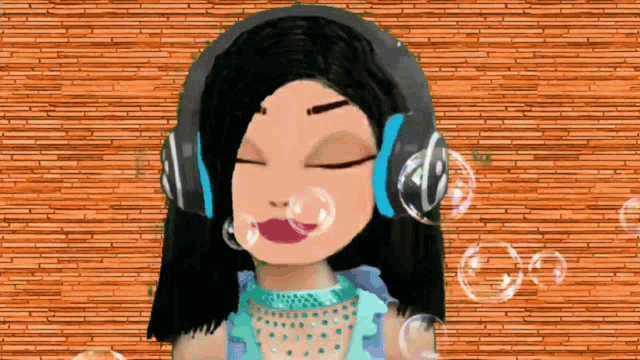 a cartoon girl wearing headphones with her eyes closed and soap bubbles coming out of her mouth