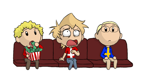 a cartoon of three people sitting on a couch with one wearing a red shirt with a cross on it