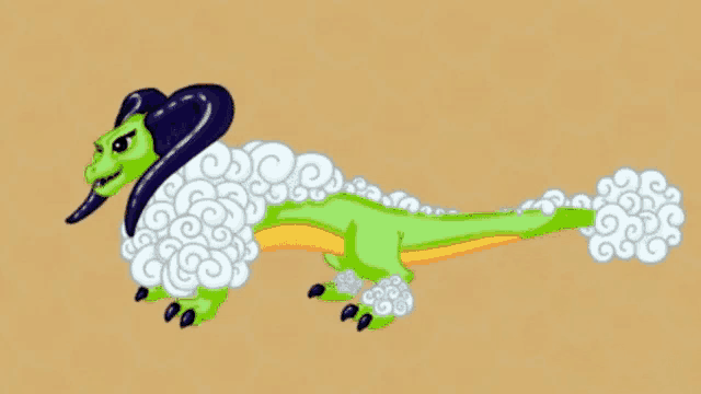 a cartoon drawing of a green dragon with a purple horn