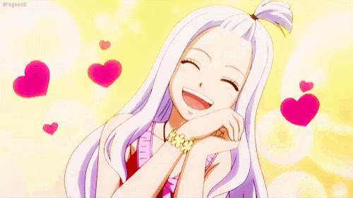 a girl with white hair is surrounded by pink hearts and is smiling