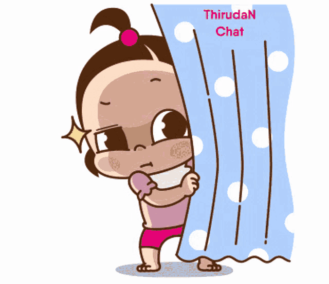 a cartoon of a little girl peeking out from behind a curtain with the words thirudan chat written above her