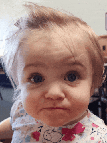 a baby girl wearing a bib with a bunny on it makes a funny face