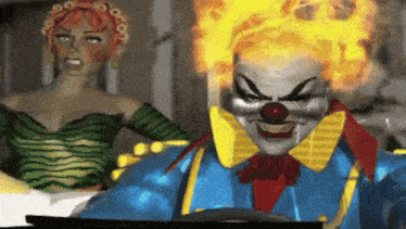 a clown with flames coming out of his hair is driving a car