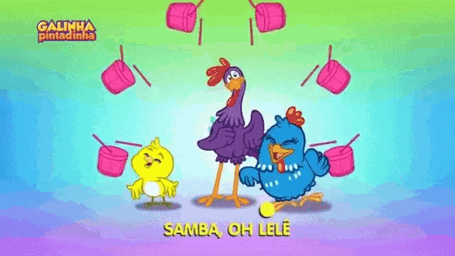 a group of chickens are standing next to each other with the words samba samba in the corner
