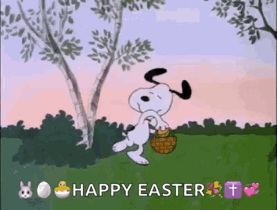 snoopy is holding an easter basket in a field and says happy easter .