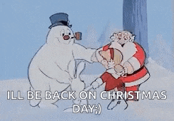a cartoon of santa claus and a snowman standing in the snow .