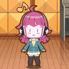 a cartoon girl with pink hair and headphones is standing on a wood floor