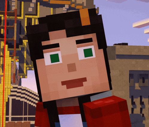 a minecraft character has green eyes and a red shirt