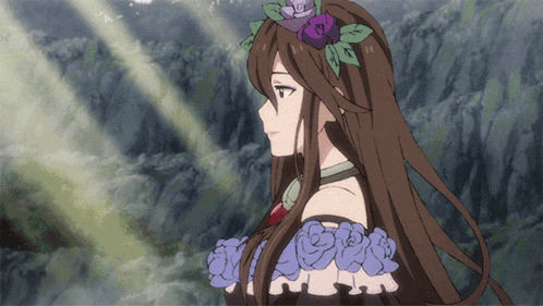 a girl with long brown hair and purple flowers in her hair is wearing a purple dress