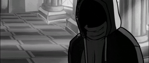a black and white drawing of a person in a hood