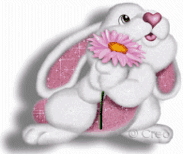 a white bunny with pink ears is holding a pink flower in its paws