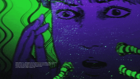 a green and purple drawing of a woman 's face with the words cada es on the bottom
