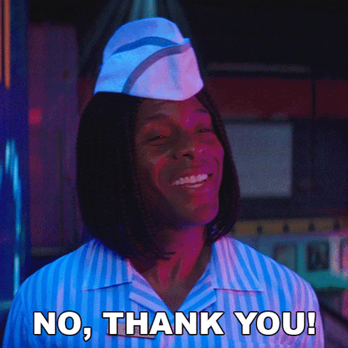 a man wearing a striped shirt and a hat says no thank you