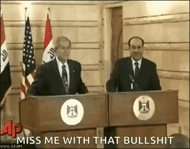 two men standing at podiums with the words miss me with that bullshit