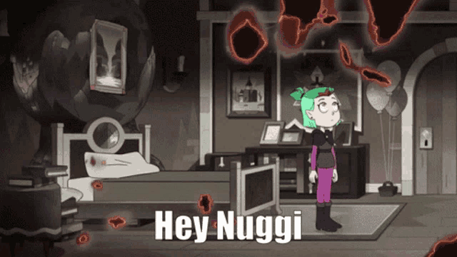 a cartoon character is standing in a room with the words hey nuggi below her