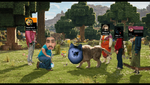 a group of people standing in a field with a dog that has a blue ball in its belly