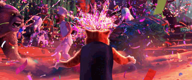 a cat is standing in front of a crowd of people with confetti flying around him .