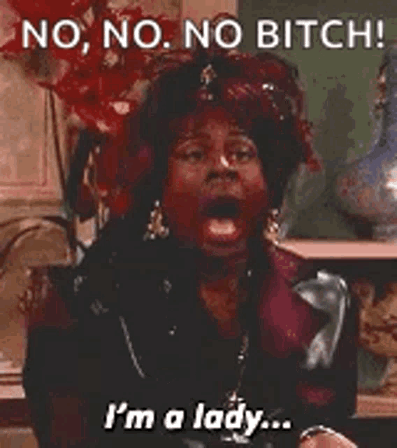 a woman is sitting in a chair with her mouth open and says `` no , no , no bitch ! ''