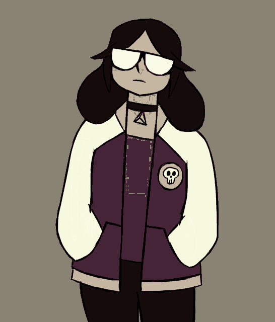 a cartoon drawing of a girl wearing a jacket with a skull patch